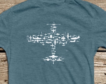 Flight V1.0 Collage T Shirt. Fighter Plane Collage Of Airplanes, Helicopters And Parts - Unisex Jersey Short Sleeve Tee