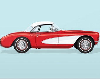 Ilustración de un Chevy Corvette clásico (circa 1957), impresión en papel, varios tamaños y colores.