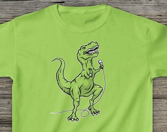 Camiseta de algodón grueso para niños con ilustración musical de dinosaurio tiranosaurio T-Rex "Rex-N-Effect" y "D-Stones Jurassic Rock Band"