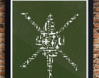 Collage de helicópteros: aviones, helicópteros y sus partes. Atmosphere Flight v1.1 - Impresión en papel premium. Ejército, Armada, Infantería de Marina, Fuerza Aérea, EE. UU.