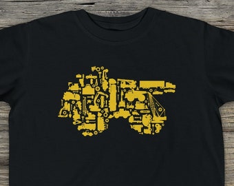 Camiseta para niños pequeños con collage de Builder V1.0. Collage de construcción de camiones volquete con máquinas, excavadoras, excavadores y más. De regreso a la escuela.