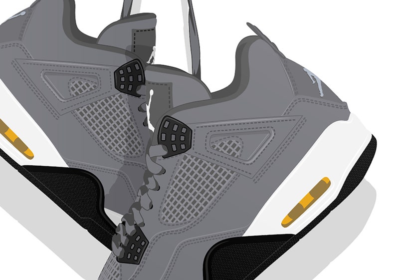 K&ouml;nnte beinhalten: Ein Paar graue Sneaker mit wei&szlig;en Sohlen und gelben Akzenten. Die Sneaker haben ein Mesh-Design und einen schwarzen Riemen &uuml;ber dem Oberteil.