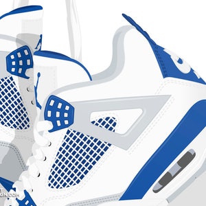 K&ouml;nnte beinhalten: Ein Paar wei&szlig;e und blaue Sneaker mit einem Mesh-Panel und einem blauen Akzent an der Ferse. Die Sneaker haben eine wei&szlig;e Mittelsohle und eine blaue Au&szlig;ensohle.