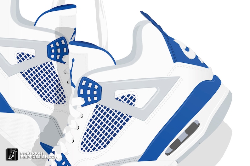 K&ouml;nnte beinhalten: Ein Paar wei&szlig;e und blaue Sneaker mit einem Mesh-Panel und einem blauen Akzent an der Ferse. Die Sneaker haben eine wei&szlig;e Mittelsohle und eine blaue Au&szlig;ensohle.