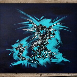 CLEARANCE SALE -- Dragon & Knight on Horse Battle - Medieval, Blue, Hand Drawn, Mixed Media Screenprint