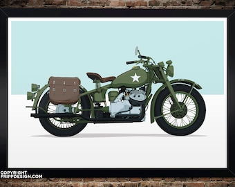 Motocicleta india antigua en el ejército militar (alrededor de 1940, Segunda Guerra Mundial) o moderna, ilustración, impresión en papel, varios tamaños