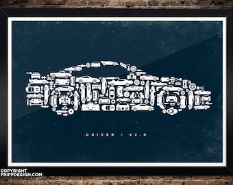 Collage de coches Driver V2.0: coches clásicos, superdeportivos, deportivos y sus piezas - Póster mate premium