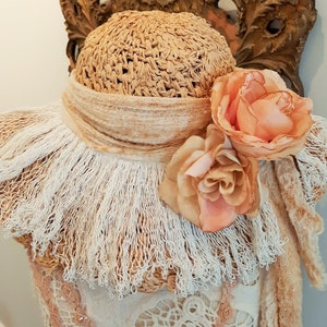 Hat, Woven Straw, Floppy, Older Vintage, Natural Color, Vintage Roses,Hand Dyed Crinkle Scarf,Hand Made, OOAK, Wedding,Bride,Habitually Chic