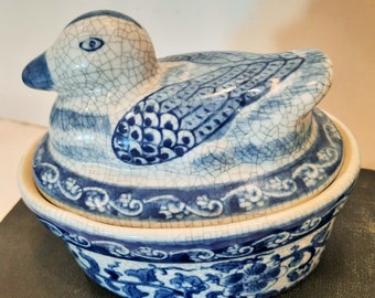 Blue and White Duck Dish, Removeable Top, Collectible, Crackle Style Finish, No Damage, Home Decor, Table Top,