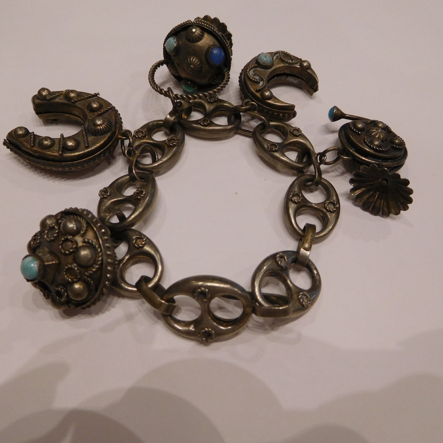 Charm Bracelet Etruscan Older Vintage Semi Precious Stones - Etsy