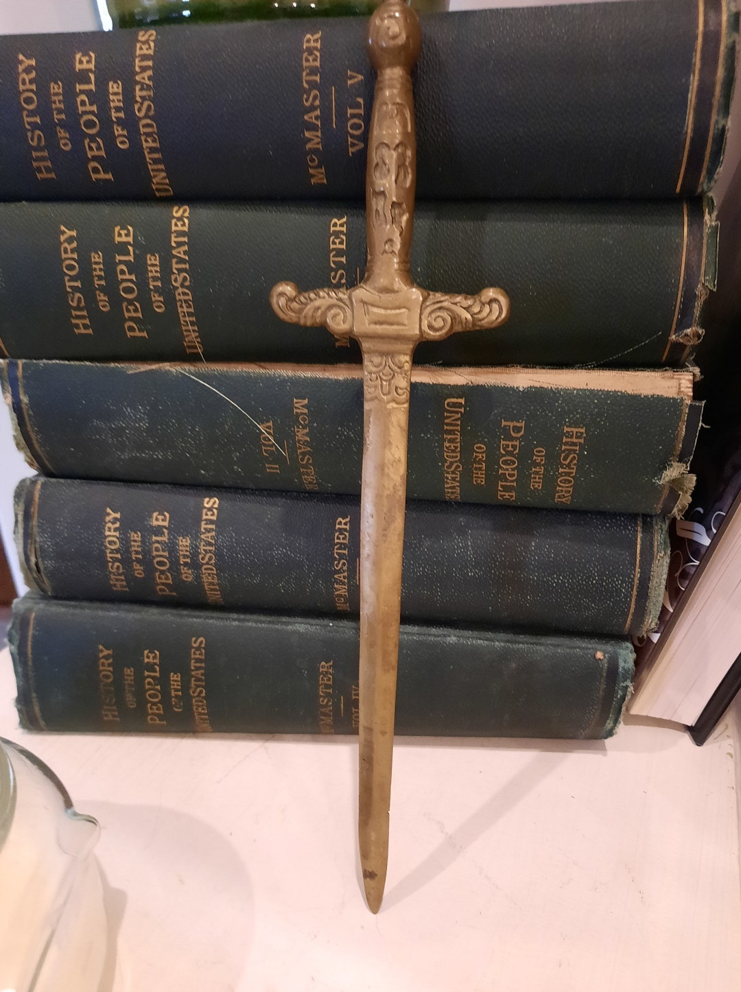 Vintage Brass Sword Letter Opener, Stamped Detail on Handle, Gothic