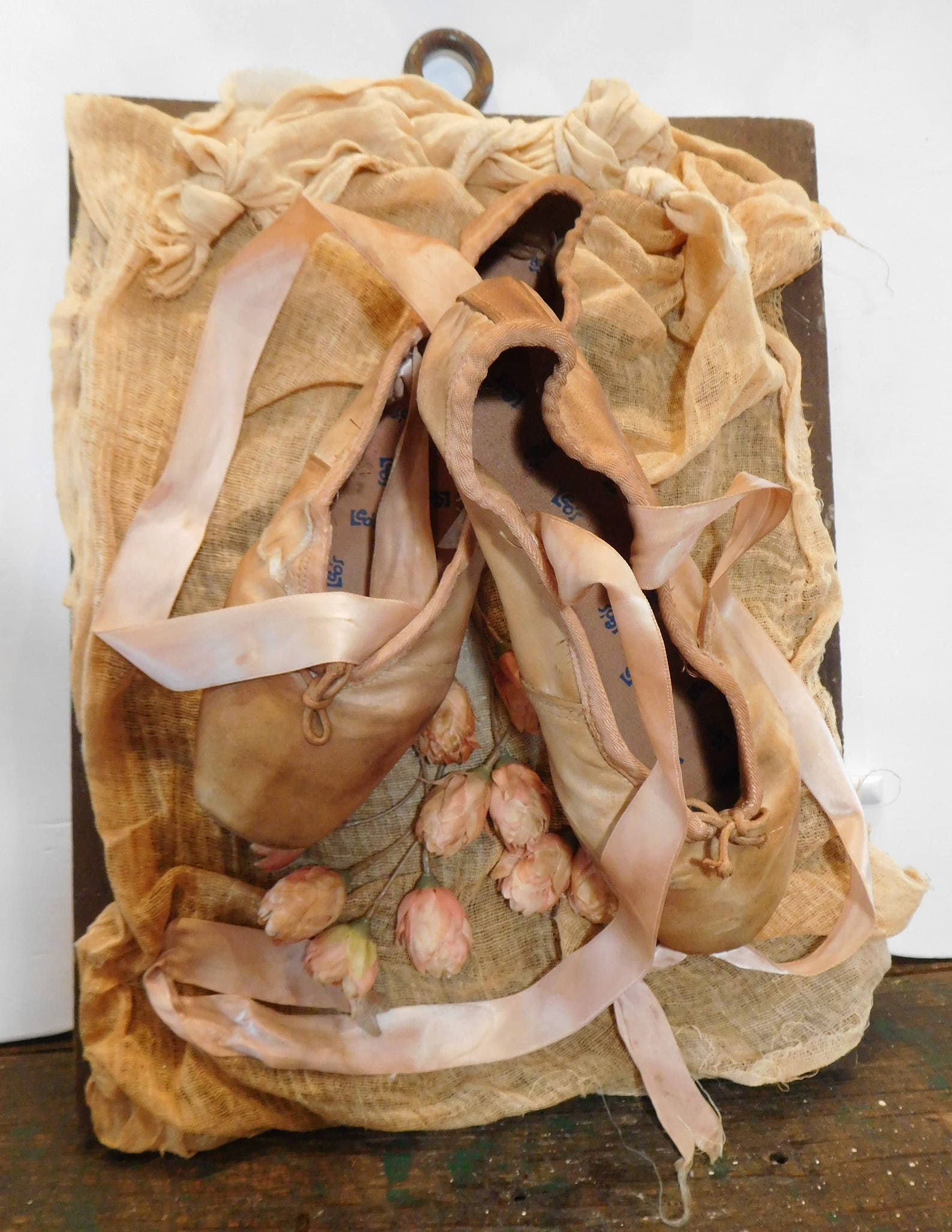 ballet pointe old peach dyed shoes,vintage w/ roses and satin ribbon,brocante decor,ooak,paris style decor,rustedsilkreloaded