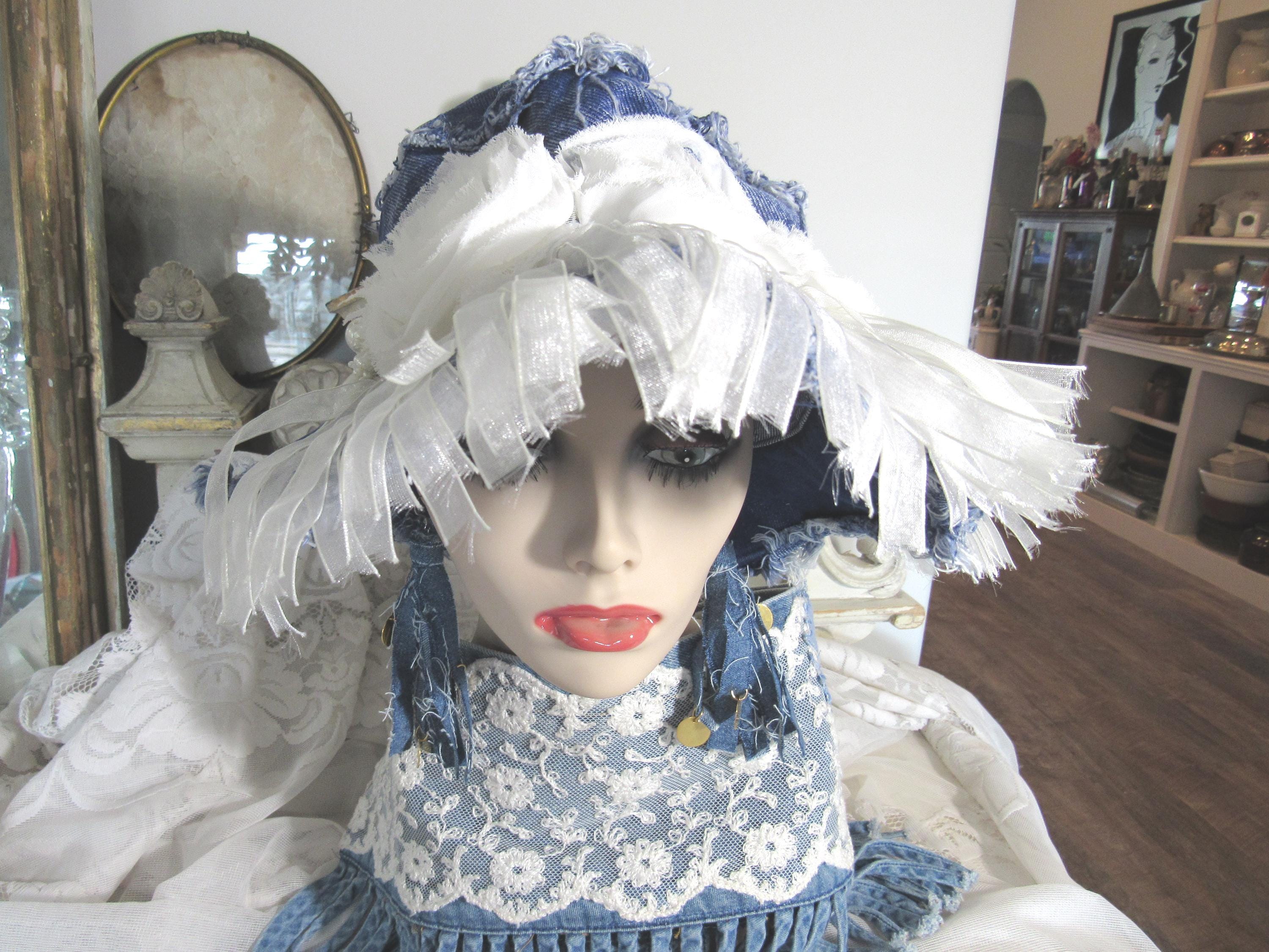 Denim Bucket Hat with Cream Rosette Embellishments Distressed Detail Painted Denim Bucket Hat - Cream/combo  main image 3