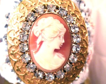 Brazalete vintage con camafeo: diamantes de imitación, bordado de rosas, estilo steampunk