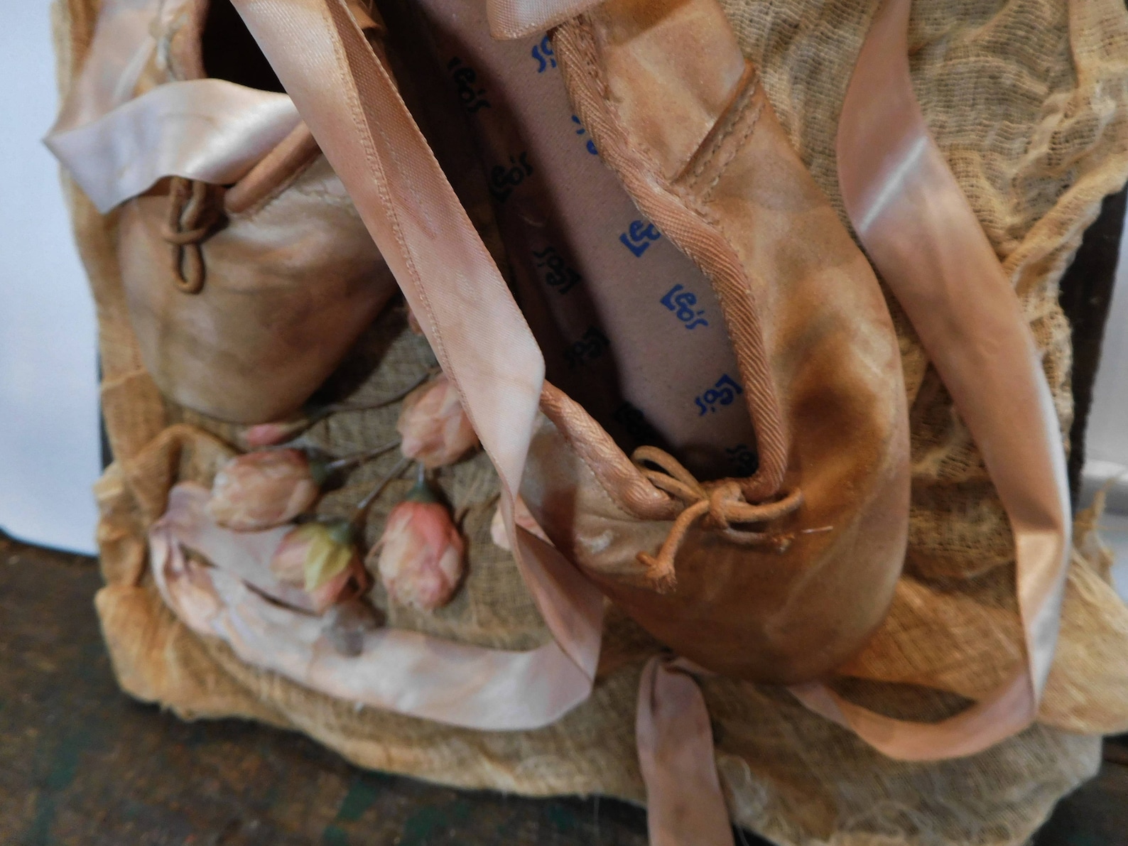 ballet pointe old peach dyed shoes,vintage w/ roses and satin ribbon,brocante decor,ooak,paris style decor,rustedsilkreloaded