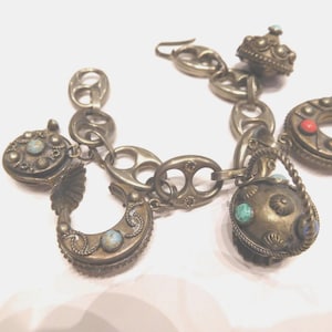 Charm Bracelet, Etruscan, Older Vintage, Semi Precious Stones, Coral,Turquoise,Five Charms, Wonderful Tinkling Sound,Natural Patina,Rare
