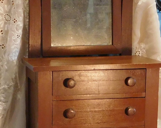 Antique Doll Dresser. Three Drawers, Mirror Swivels, Turned Feet,oak
