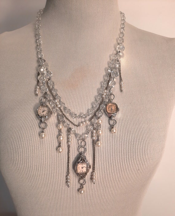 Vintage Watch Necklace, Hand Made, Crystal Tiered 