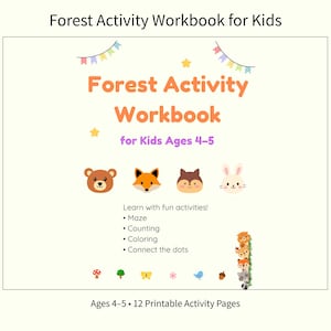 以下が含まれることがあります： 「Forest Activity Workbook for Kids」というタイトルの薄いベージュ色のワークブック。表紙にはクマ、キツネ、リス、ウサギが描かれています。このワークブックは4〜5歳向けで、迷路、カウント、塗り絵、点つなぎなどのアクティビティが含まれています。印刷可能なページが12ページあります。