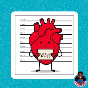 Peut inclure: Illustration d'un c&oelig;ur rouge tenant une pancarte avec l'inscription "cardiac arrest". Le c&oelig;ur est dessin&eacute; avec des bras et des jambes, devant un tableau de mesure en centim&egrave;tres.
