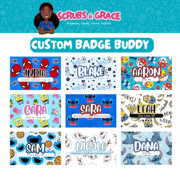 Personalized Nurse Badge Buddy | Pediatric Cartoon Character Name Tag RN