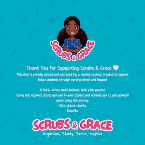 Peut inclure: Graphique turquoise avec le texte "Scrubs & Grace" et une illustration d'infirmi&egrave;re. Le texte "Thank You for Supporting Scrubs & Grace" est &eacute;galement pr&eacute;sent. Du texte suppl&eacute;mentaire d&eacute;crit la mission de la boutique et comprend les mots "organize, Study, Serve, Inspire."