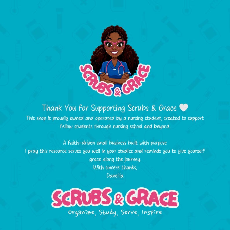 Peut inclure: Graphique turquoise avec le texte "Scrubs & Grace" et une illustration d'infirmi&egrave;re. Le texte "Thank You for Supporting Scrubs & Grace" est &eacute;galement pr&eacute;sent. Du texte suppl&eacute;mentaire d&eacute;crit la mission de la boutique et comprend les mots "organize, Study, Serve, Inspire."