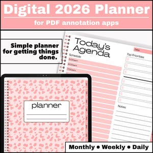 May include: Digital 2026 planner for PDF annotation apps. The image shows a digital planner with a pink leopard print cover and the word "planner" in a white rectangle. The planner includes daily, weekly, and monthly views.