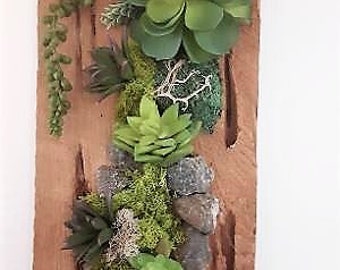 Faux succulent wall art, Preserved moss wall art, Wood wall art, Wood wall hanging, Living wall garden, Moss picture frame