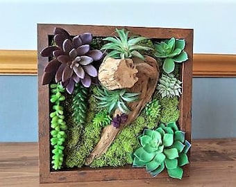 Faux succulent frame, Faux succulent wall art, Preserved moss wall art, purple succulents, Moss picture frame, Vertical wall art