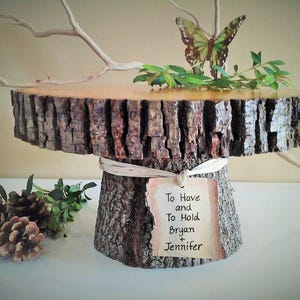 11 wood cake stand, Log cake stand, Tree bark cake stand, Tree slice, Personalized cake stand, Rustic wedding cake stand, Wood cake stand image 2