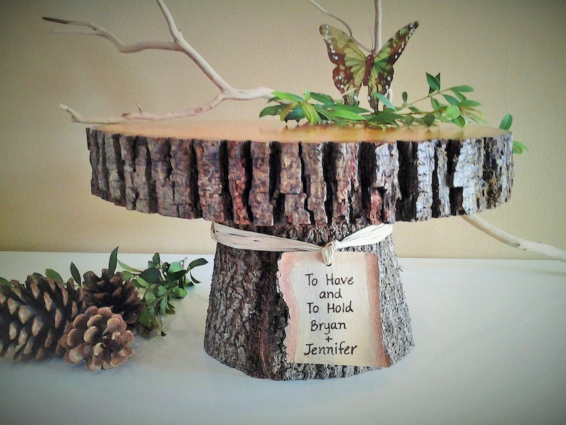 11 wood cake stand, Log cake stand, Tree bark cake stand, Tree slice, Personalized cake stand, Rustic wedding cake stand, Wood cake stand image 2