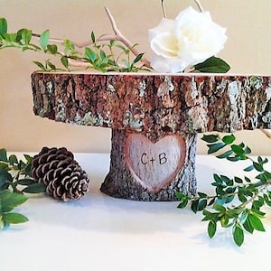 11 wood cake stand, Carved heart cake stand, Log cake stand, Personalized cake stand, Rustic wedding cake stand, Wood cake stand image 1