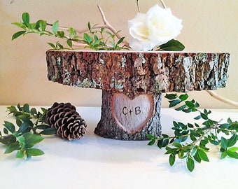 11" wood cake stand, Carved heart cake stand, Log cake stand, Personalized cake stand, Rustic wedding cake stand, Wood cake stand