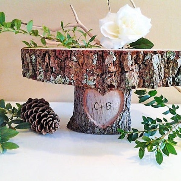 10" wood cake stand, Carved heart cake stand, Log cake stand, Personalized cake stand, Rustic wedding cake stand, Wood cake stand
