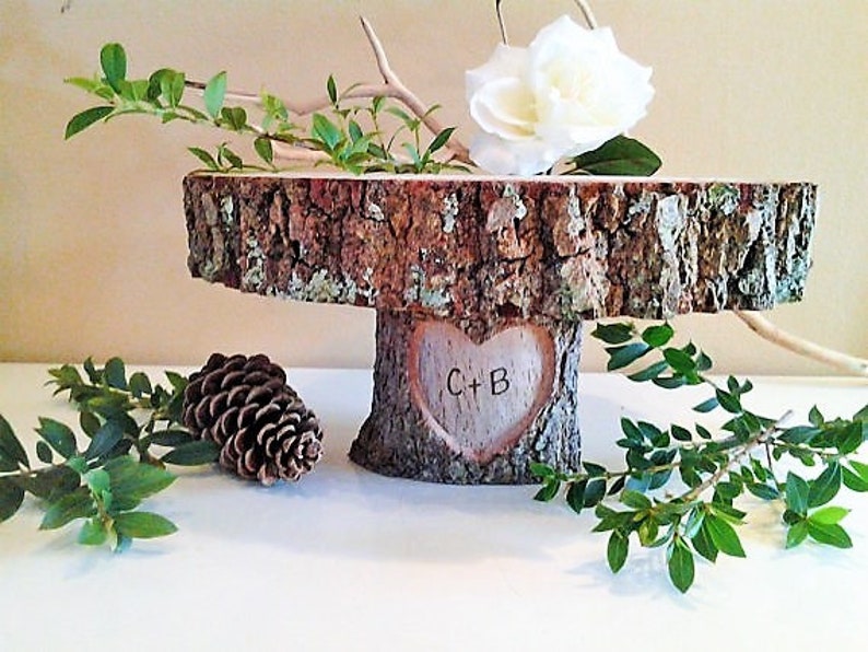 11 wood cake stand, Carved heart cake stand, Log cake stand, Personalized cake stand, Rustic wedding cake stand, Wood cake stand image 1