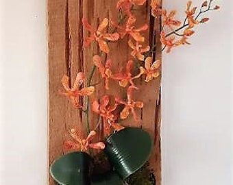 Orchid wall hanging, orange orchid wall art, Wood wall hanging, Flower hanging, Faux orchid display