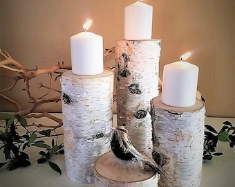 4 Birch Tree stumps, Birch centerpieces, Christmas decor, Rustic weddings, Holiday centerpiece candles, Birch logs, Fireplace logs