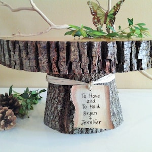 11" wood cake stand, Log cake stand, Tree bark cake stand, Tree slice, Personalized cake stand, Rustic wedding cake stand, Wood cake stand