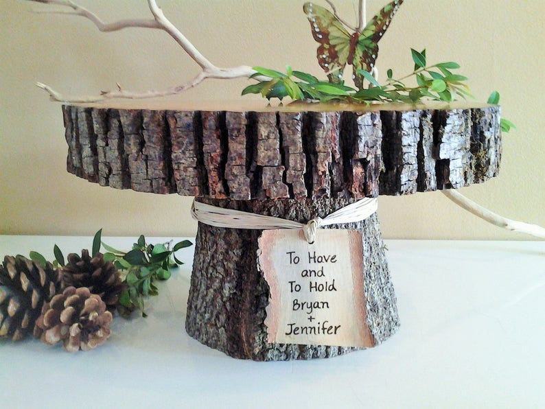 11 wood cake stand, Log cake stand, Tree bark cake stand, Tree slice, Personalized cake stand, Rustic wedding cake stand, Wood cake stand image 1