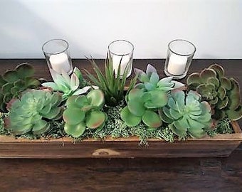 Faux succulent planter, succulent arrangement , wood tray with succulents, floral arrangement