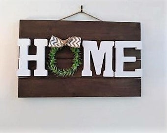 HOME wall hanging, Wood hanging, Wood wall decor, Farmhouse decor, boxwood wreath, Fall decor