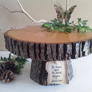 11 wood cake stand, Log cake stand, Tree bark cake stand, Tree slice, Personalized cake stand, Rustic wedding cake stand, Wood cake stand image 3