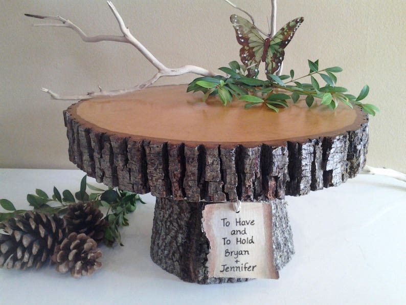 11 wood cake stand, Log cake stand, Tree bark cake stand, Tree slice, Personalized cake stand, Rustic wedding cake stand, Wood cake stand image 3