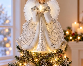 Lighted Angel Tree Topper, White Gold Christmas Tree Topper, Elegant Christmas Angel Decoration, Holiday Tree Decor, Angel Tree Decoration