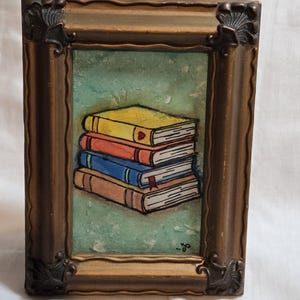 Original Book Stack Painting – Ornate Gold Frame, Dark Academia Library Art