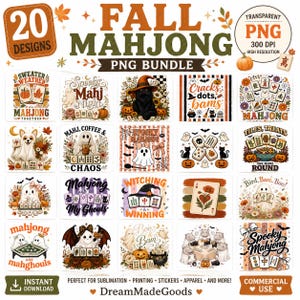 May include: A digital bundle of 20 fall-themed Mahjong designs in transparent PNG format. The collection features illustrations of ghosts, black cats, pumpkins, autumn leaves, and Mahjong tiles with various text elements like Fall Mahjong, Spooky Mahjong, and Mahjong with My Ghouls.