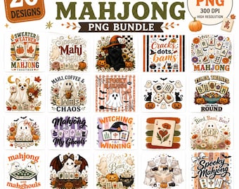 May include: A digital bundle of 20 autumn-themed Mahjong designs in transparent PNG format. The collection features illustrations of ghosts, black cats, pumpkins, autumn leaves, and Mahjong tiles with various text elements like Fall Mahjong, Spooky Mahjong, and Mahjong with My Ghouls.