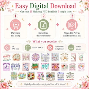 Easy digital download instructions for 25 Mahjong PNG Bundle with PDF download link, transparent background files, instant access, and high-resolution PNG designs.