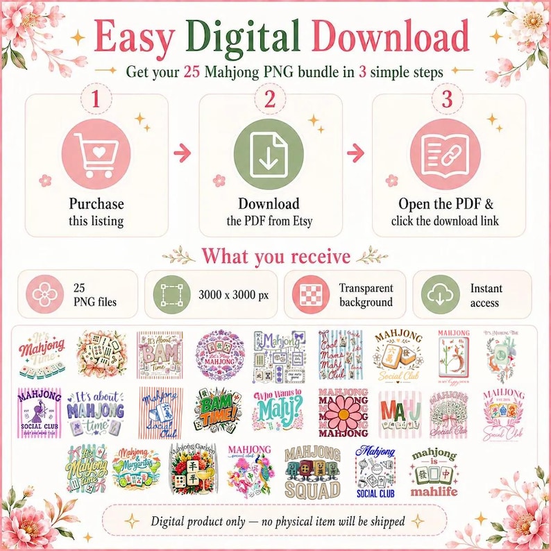 Easy digital download instructions for 25 Mahjong PNG Bundle with PDF download link, transparent background files, instant access, and high-resolution PNG designs.